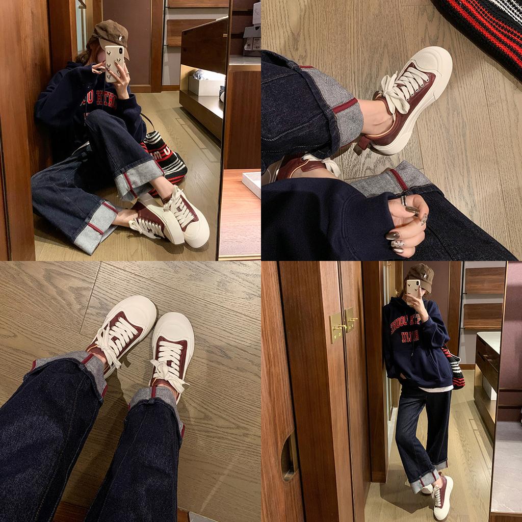 Cowhide version~ Su Yinyin has the same washed horse skin muffin thick-soled sports and leisure board shoes for women's inner height increase white sh