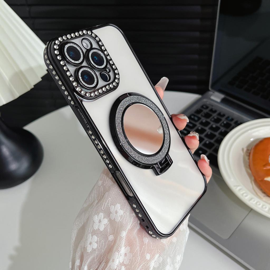 Girls Cute Glitter Diamond Makeup Mirror Camera Lens Protector Bumper Phone Case With Stand For iPhone 17 16 Pro Max Samsung S25 S24 Protective Cover