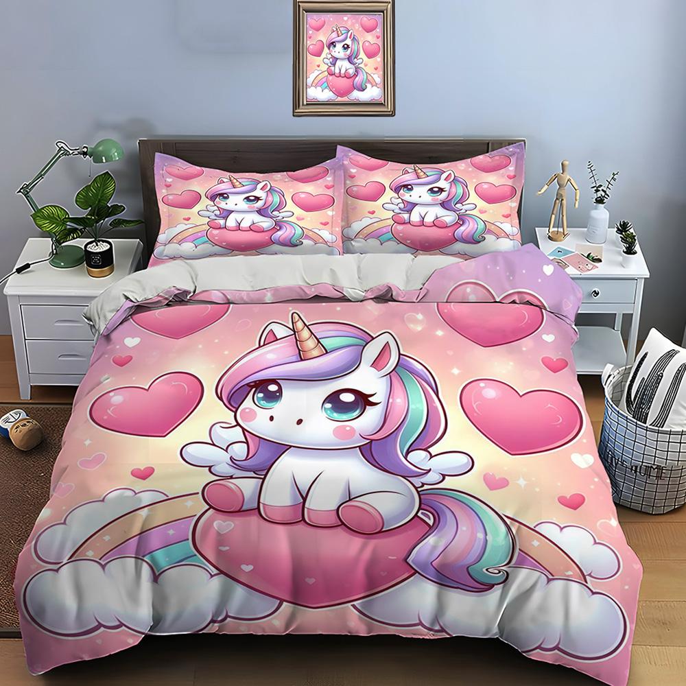 Cute Cartoon Unicorn Print Bedding Set Duvet Cover 1 Duvet Cover 2 Pillowcases Adult And Kids Bedding Set Luxury Holiday Gifts