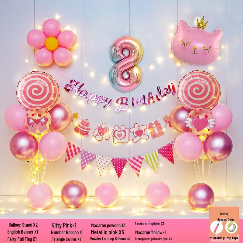 Happy Birthday Balloons for 7-8-Year-Old Girls - Home Party Decoration and Background Wall Decor