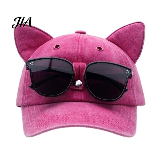 Adjustable Sun Hat with Sunglasses Cat Ear Trucker Hat, Baseball Cap Detachable Sunglasses, Curved Brim Protection Pilot Style for Outdoor Travel