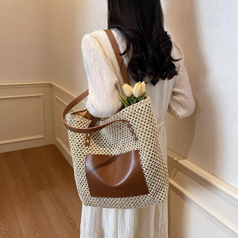Woven Tote Bag for Women Summer Beach Handbag with Faux Leather Strap Fashion Casual Carryall