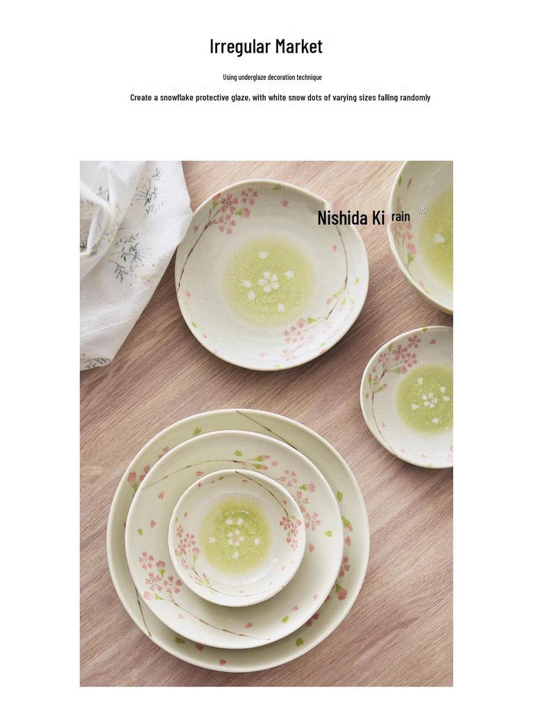 Cherry Blossom Ceramic Bowl & Plate Set: Includes Rice Bowl, Soup Bowl, Large Plate, Dish Plate, and Large Noodle Bowl - Japanese Imported.