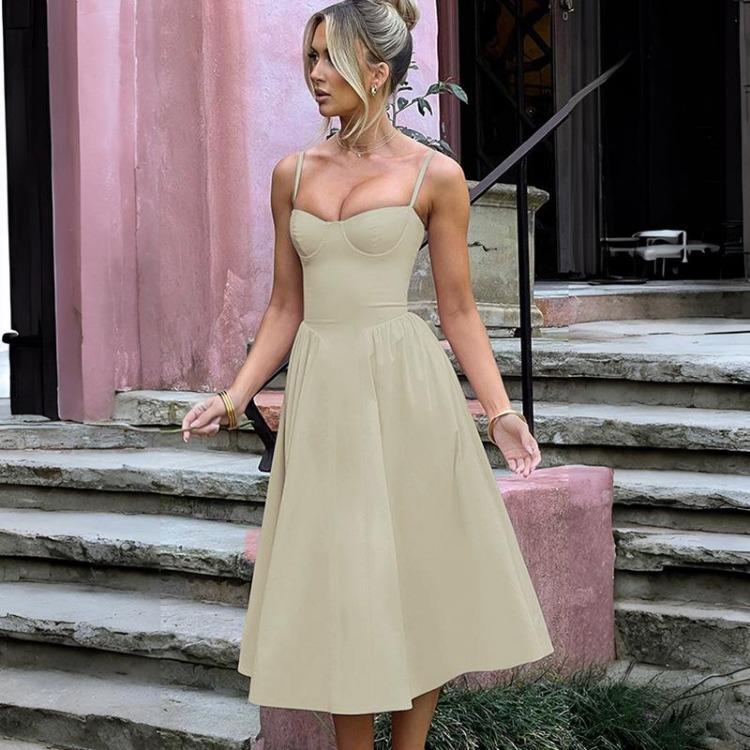 Women Print Dress High Waist Knee-Length Fashion Design Sense V-neck Backless Spaghetti Strap