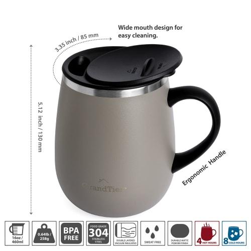 GRANDTIES Premium Vacuum Insulated Mug, 460ml, Available in 19 Colors, with Easy-Open Sliding Lid, Stainless Steel Double-Wall Vacuum Insulation, and