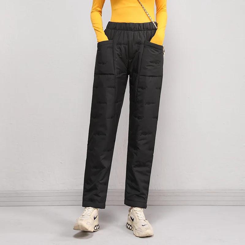 

Модные легкие брюки из пухового хлопка с подкладкой для женщин, зимние прямые брюки, свободные теплые брюки для похудения XXXL