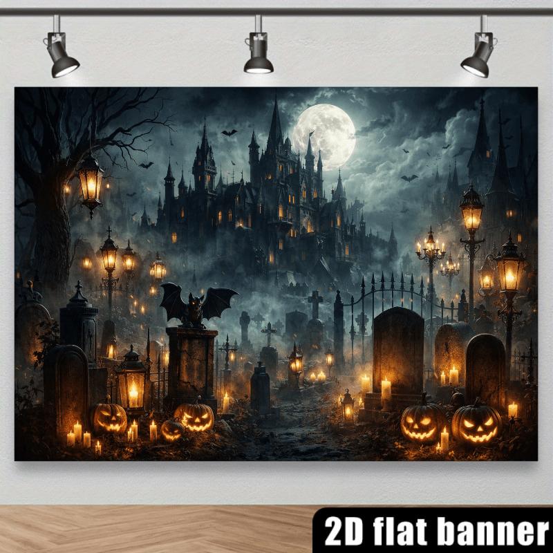 2D Flat Horror Castle-themed Background Fabric, Perfect for Halloween Parties To Create an Eerie and Terrifying Atmosphere