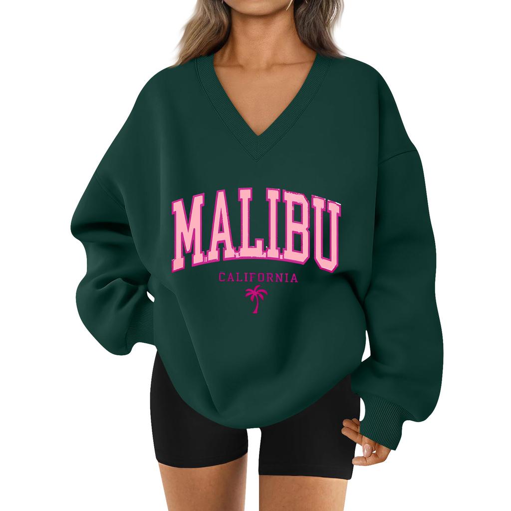 Damen Locker Und Bequemes Buchstaben V-Ausschnitt Sportbekleidung Langarm Sweatshirt Tägliche Passende Kleidung