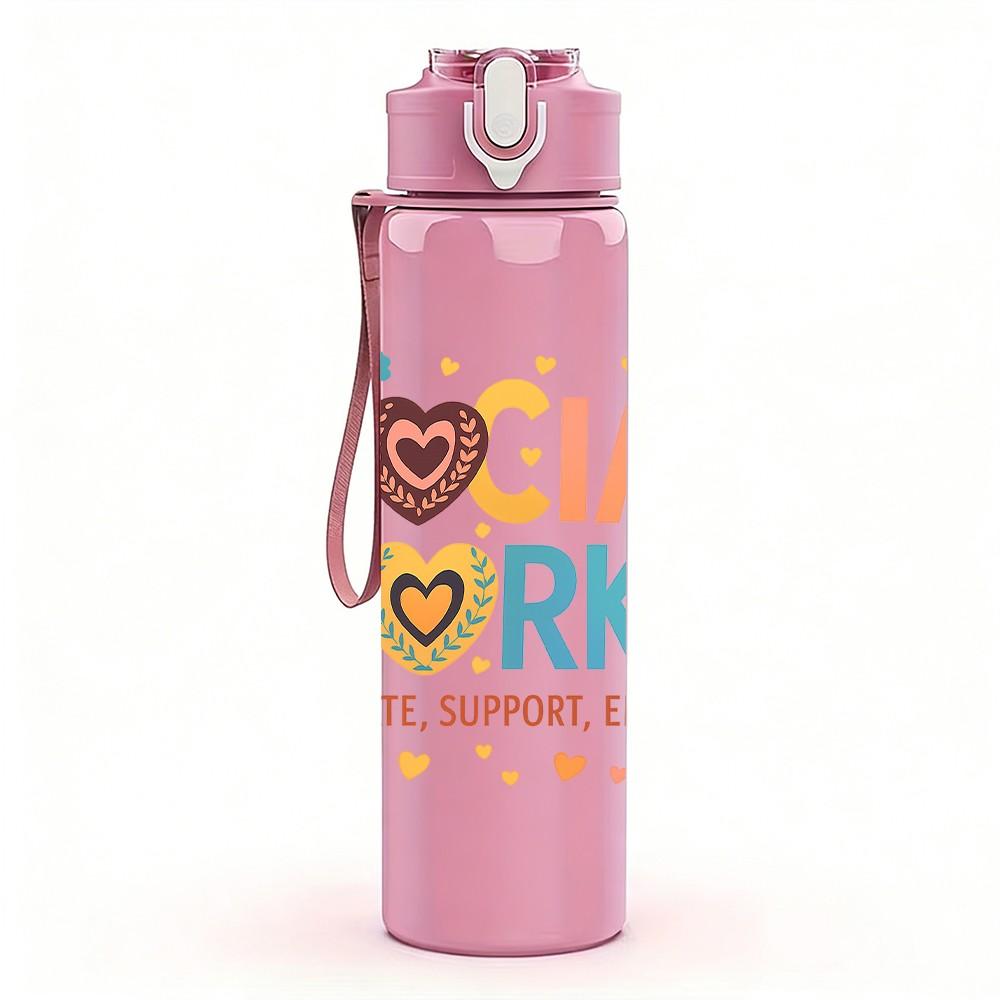 1PC Social Worker Heart Color Letter 750ml Color Plastic Sports Water Bottle Leakproof Flip Straw Lid Suitable for Sports Office Home Use