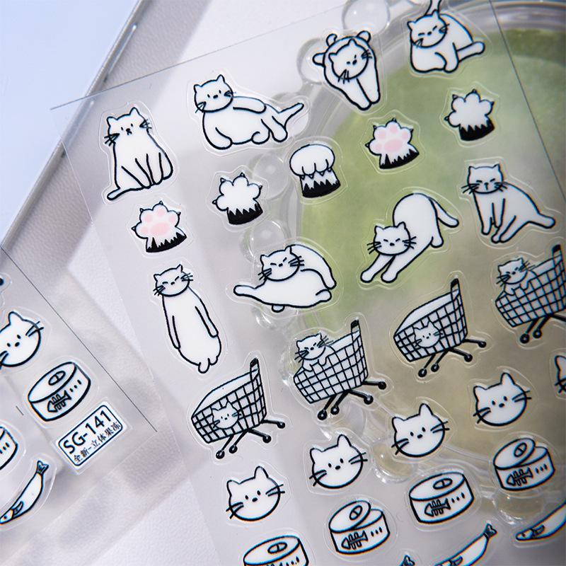 Niedliche Katzen-Linienkunst-Nagelsticker im koreanischen Stil – Gelee-Kleber