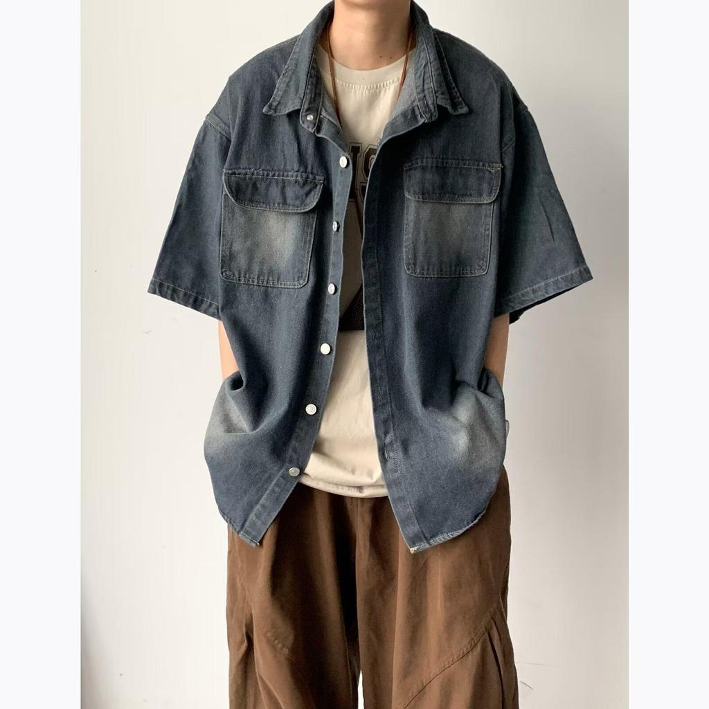 Unisex Japanese Retro Washed Denim Shirt - Short-Sleeved Distressed Summer Jacket