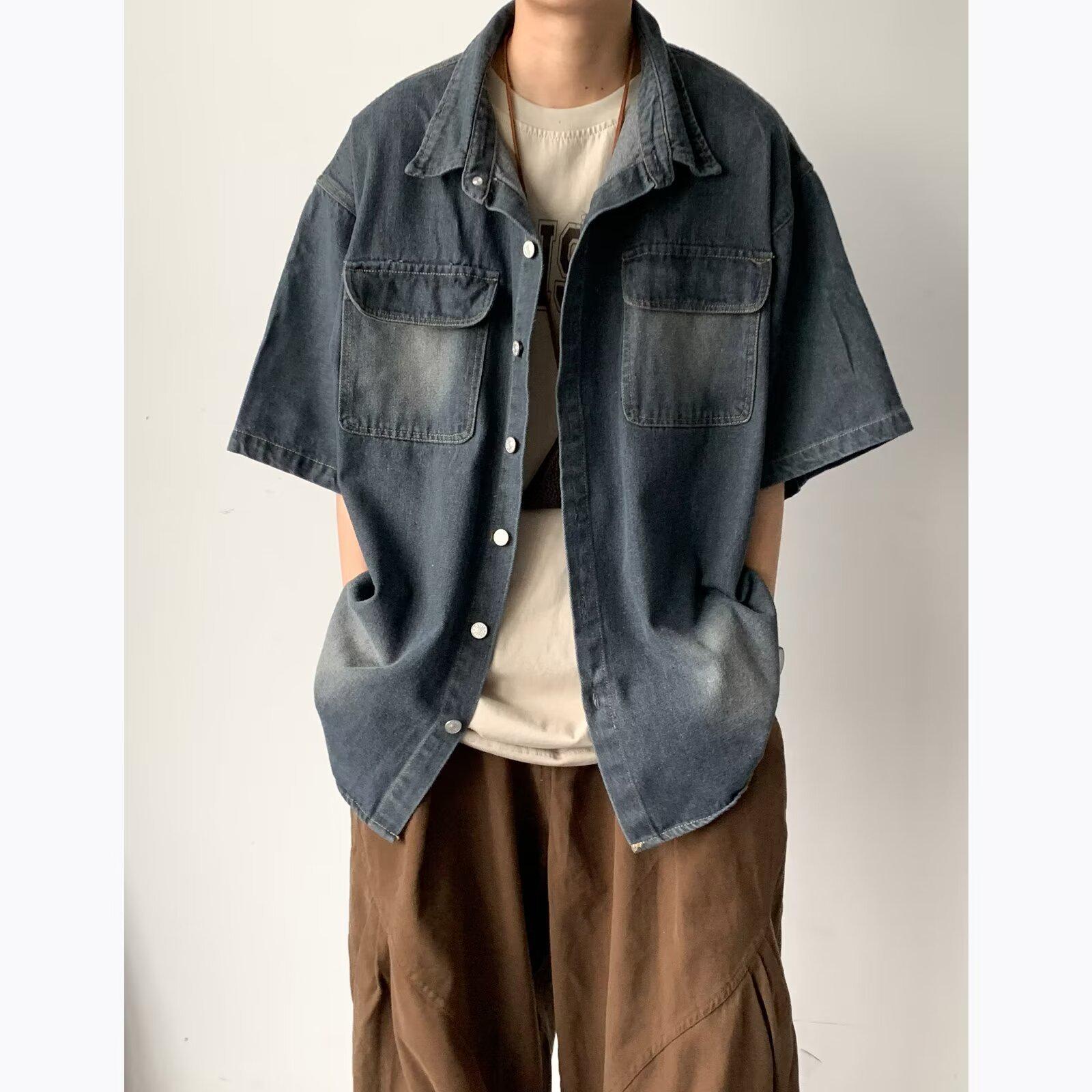 

Унисекс Японская Ретро Рубашка из Вываренного Денима - Джинсовая Куртка с Коротким Рукавом с Эффектом Потертости на Лето L черный серый