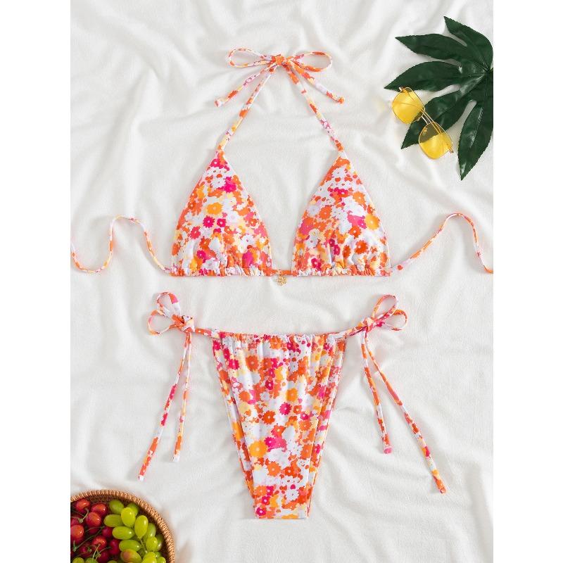 Women's Sexy Slim Fit Bikini Set, Tropical Print Halter Lace-up Triangle Swimsuit