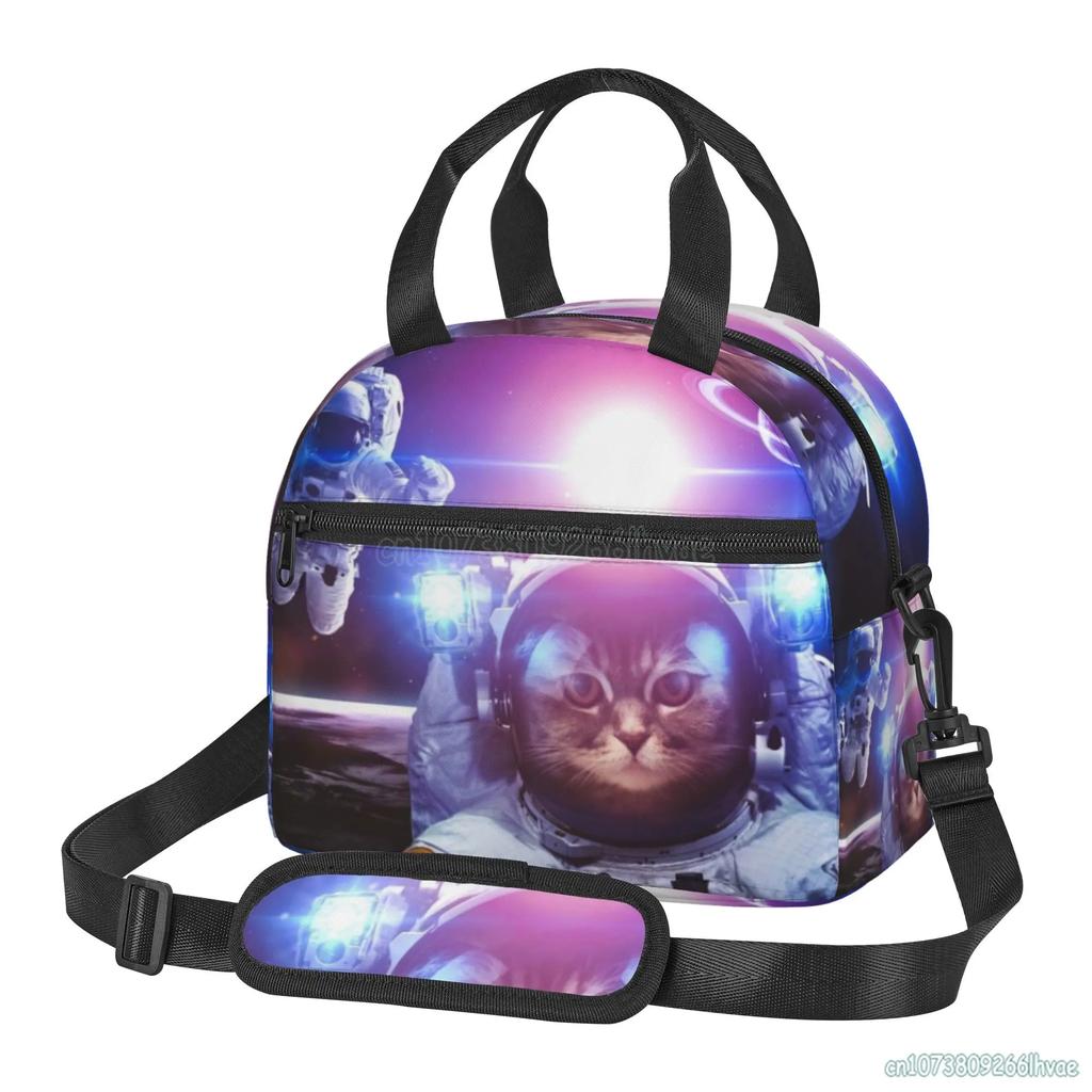 Space Cat Astronaut Lunch Box Insulated Lunch Bag Boys Cooler Tote Girls Shoulder Strap Reusable for School Picnic Travel Office