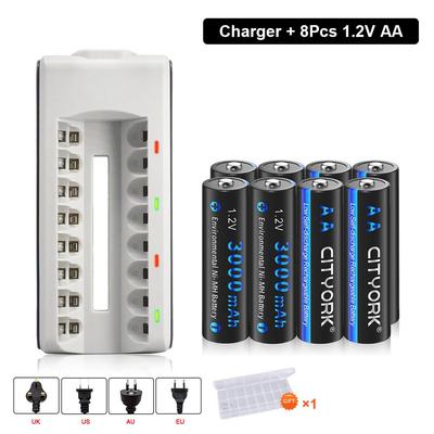 CITYORK 1,2V 3000MAH AA dobíjacia batéria 2A AA dobíjacie NIMH batérie NI-MH +8slotová nabíjačka pre baterky na hračky