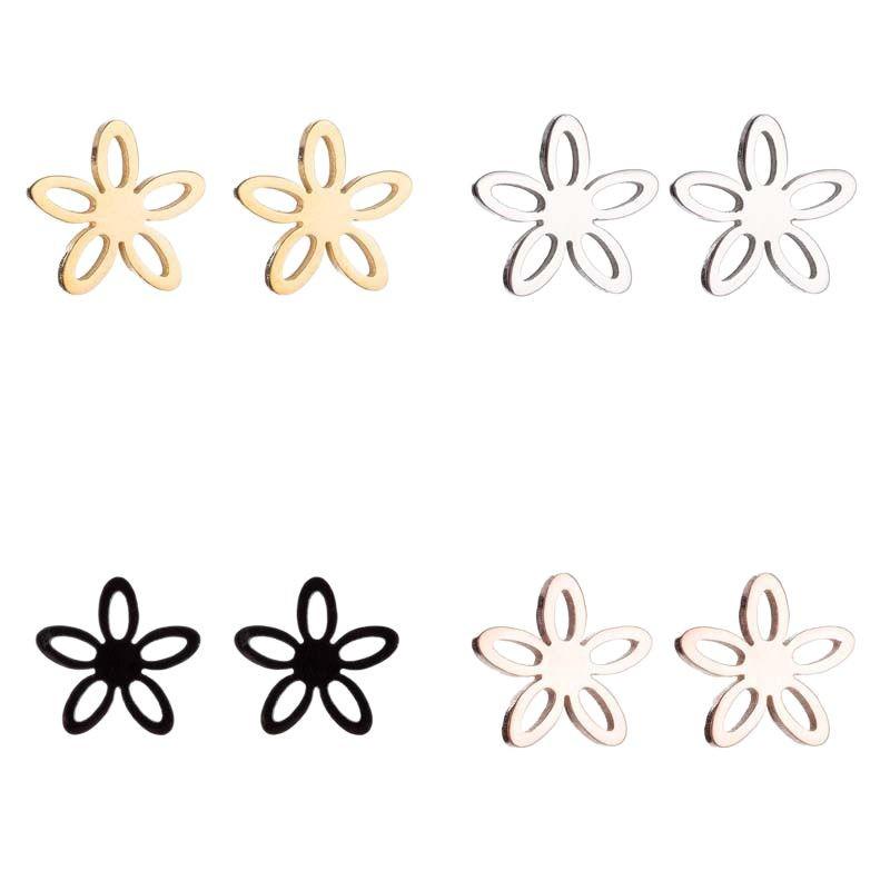 Korean Stainless Steel Five-Petal Flower Earrings, Elegant Hollow Design, Personality Ear Clips