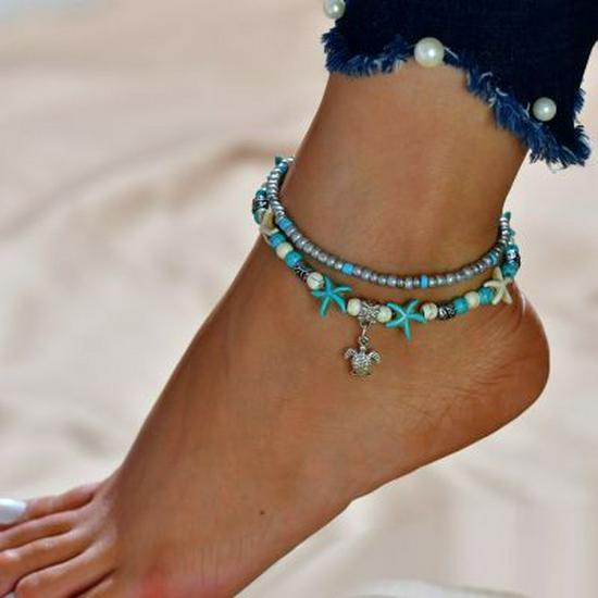 European & American Turquoise Starfish Turtle Anklet Set - Handmade Retro Beach Surfing Multi-layer Design