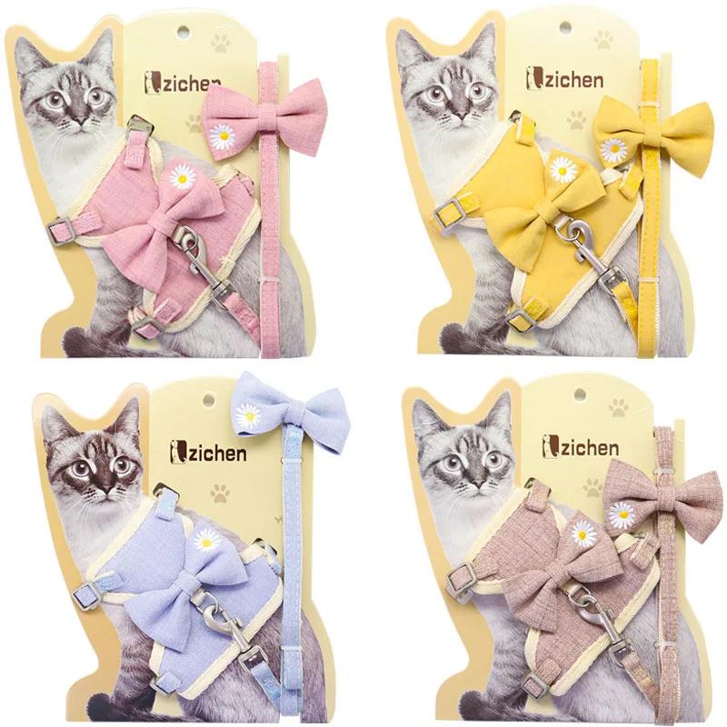 Floral Solid Nylon Dog Harness with I-Shape Bow Tie Summer Walking Leash Set for Chihuahua Medium Yorkie Durable Pet Accessories