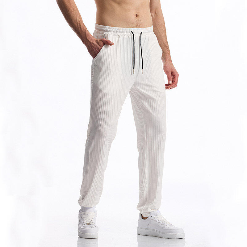 Men's Spring/Spring Ribbed Pants Elastic Waistband with Drawstring Straight Leg Comfortable and Versatile for Everyday Wear