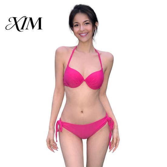 Two-piece Swimsuit Women Solid Color Bikini Set, Summer Two Piece Swimsuit, Halter Tie Underwire Top Spaghetti Strap & High Cut Bottom, Sexy S