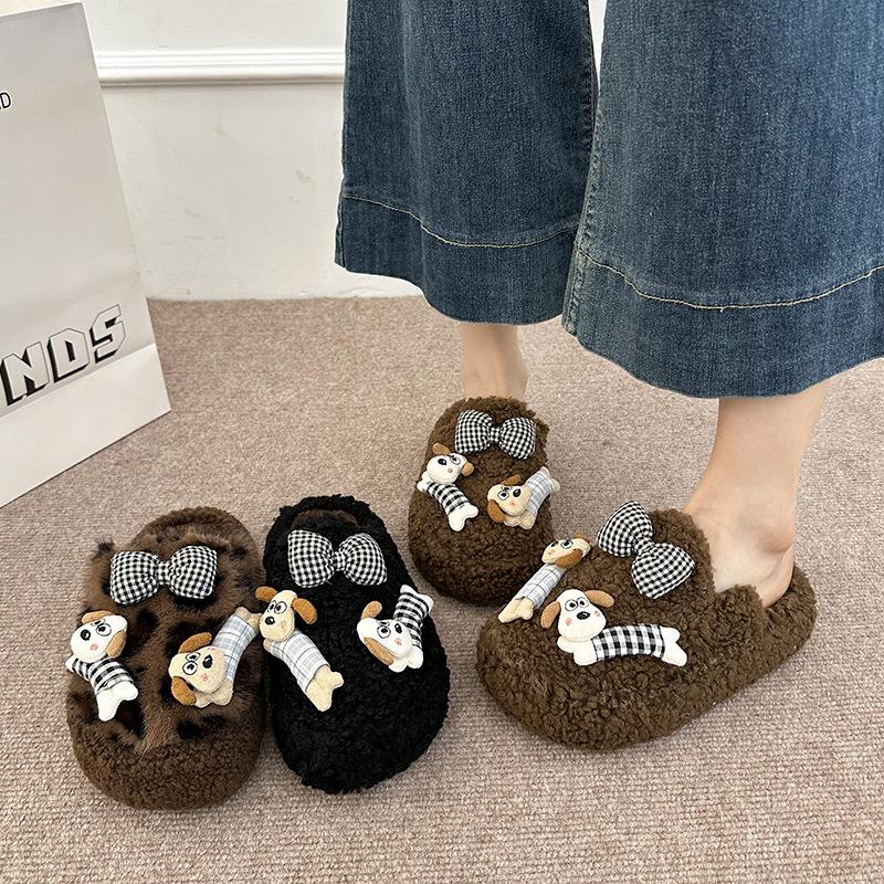Cute Cartoon Puppy Hair Slippers Women Wear 2025 Autumn and Winter New Girl Heart Versatile Word Slippers Women