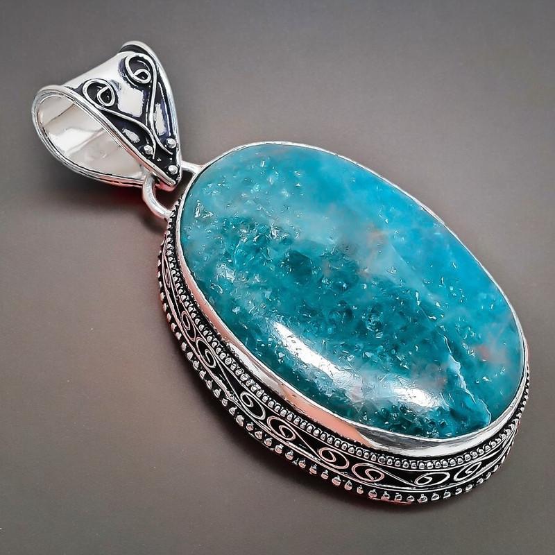 Neon Blue Apatite Gemstone Handmade 925 Sterling Silver Jewelry Pendant 2.17" AH-856