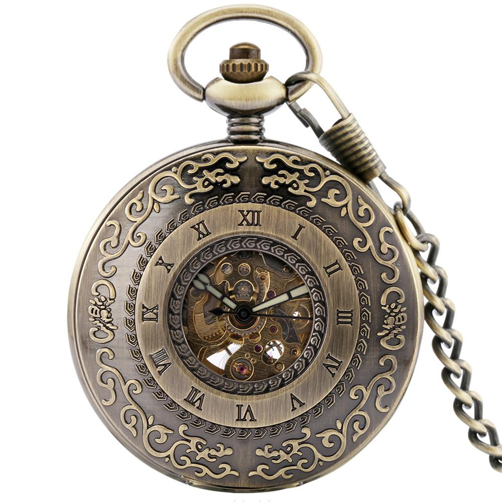 Roman Numerals Mechanical Self-Wind Pocket Watch Male Vintage Bronze Half Hunter FOB Chain Automatic Pocket Pendant Timepiece