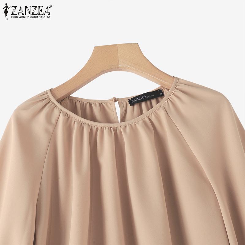ZANZEA Lässige Bluse mit Rundhalsausschnitt und langen Ärmeln für Damen in Volltonfarbe