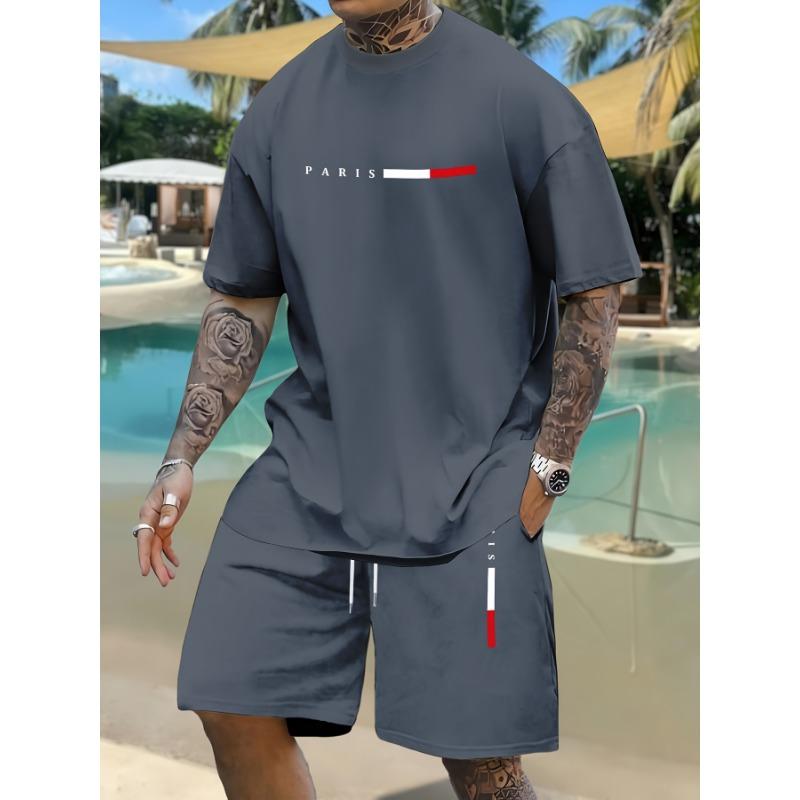 Men'S Casual Fashion Two-Piece Set Featuring a Classic Letter Print, Short Sleeves, And Shorts, Perfect for Street Style, Plus Size