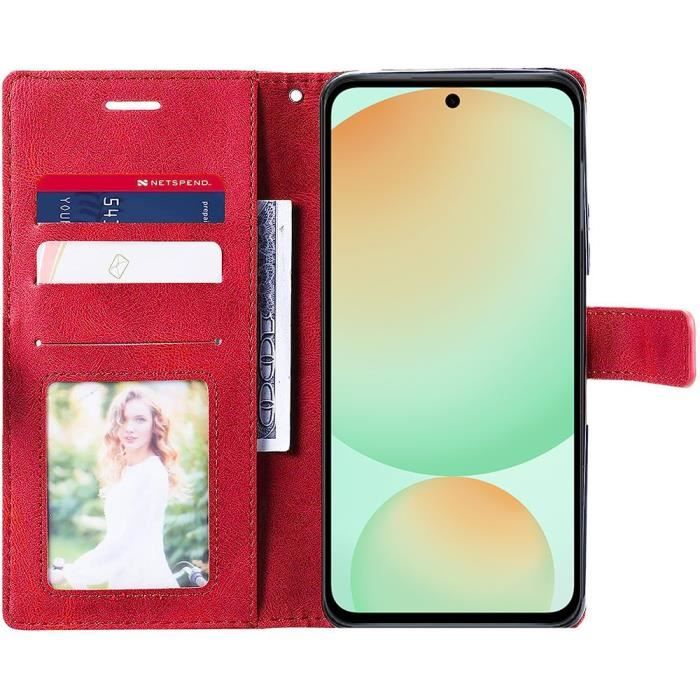 Coque - Booling - pour Samsung Galaxy S24 FE - Cuir Synthétique - Rouge - 2 Verres Trempés