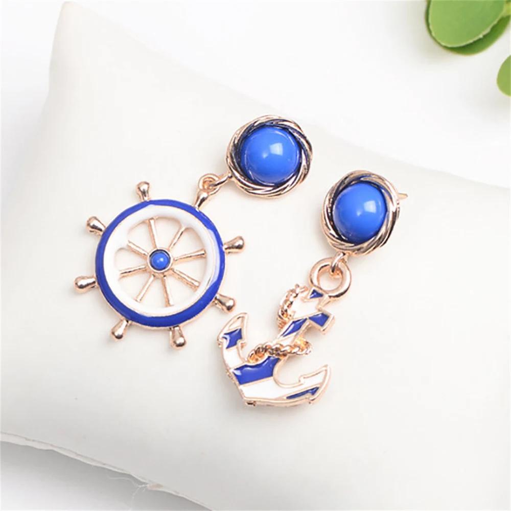 Fashion New Jewelry Blue Enameled Stone Gold Color Chain Tredny Wheel Nautical Anchor Earrings for Women Gifts