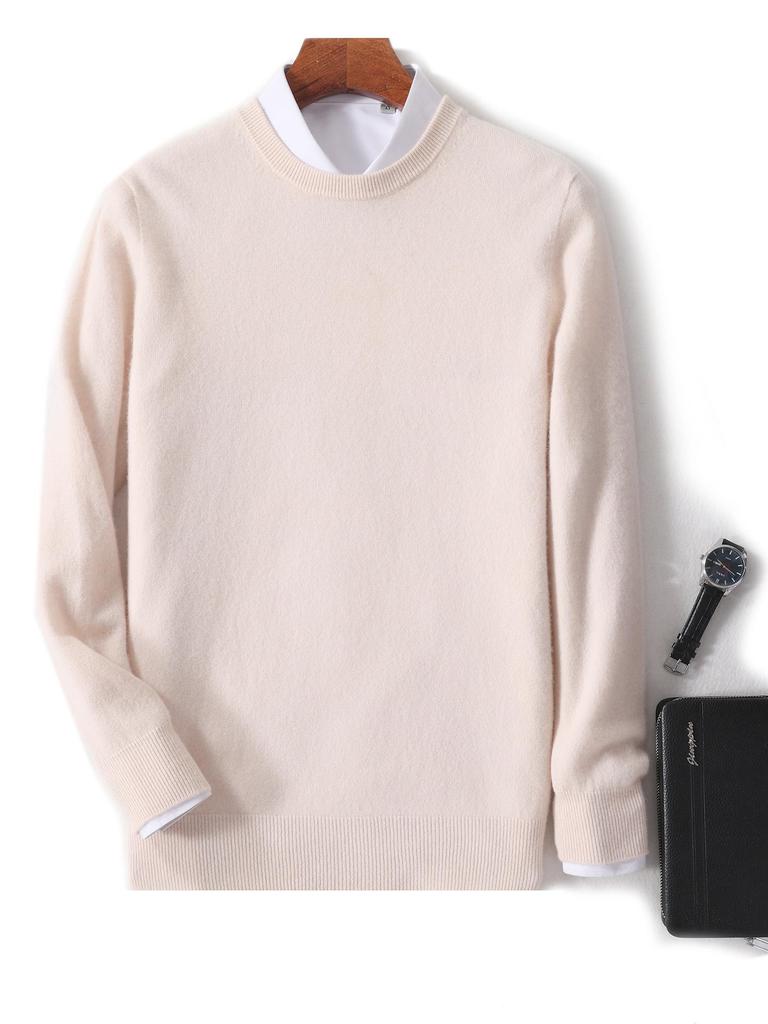 Men's 100% Pure Wool Crew Neck Sweater - Medium Thickness, Solid Color Knitwear for Autumn and Winter Warmth