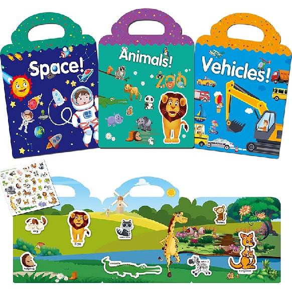 Набор из 3 многоразовых книг с наклейками для малышей 2-4 лет, Книги с наклейками для детей 1-3 лет, Подарки на день рождения для детей Мальчики Девочки Игрушки для путешествий Animals+Space+Vehicles