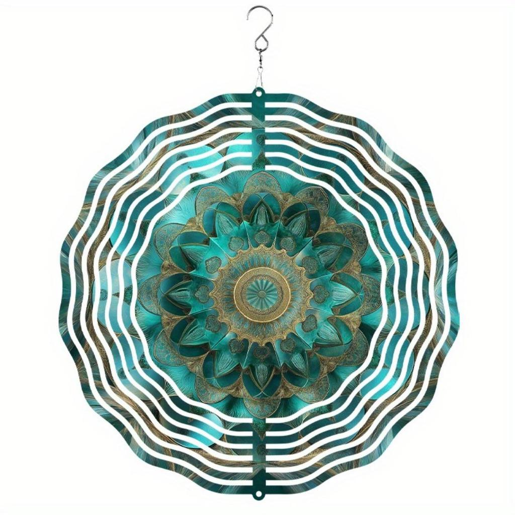 Hanging Wind Spinner with Intricate Mandala Design – Teal Blue & Golden Metal Art Chime for Balcony, Lawn, or Garden Decor, 360° Rotating Hook