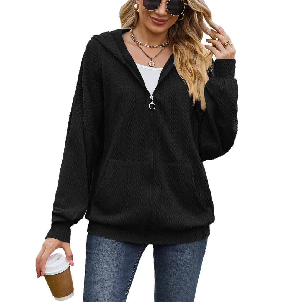 Lässige, einfarbige, atmungsaktive Damenjacke, langärmelig, lockerer Reißverschluss, leichte Jacke mit Taschen, lockerer, weicher, modischer Kapuzen-Sweatshirt-Mantel für Frauen