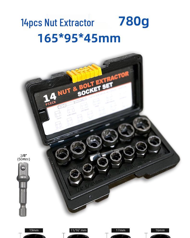 High Torque Wear-Resistant Reverse Thread Nut Extractor Set for Rusted or Damaged Nuts