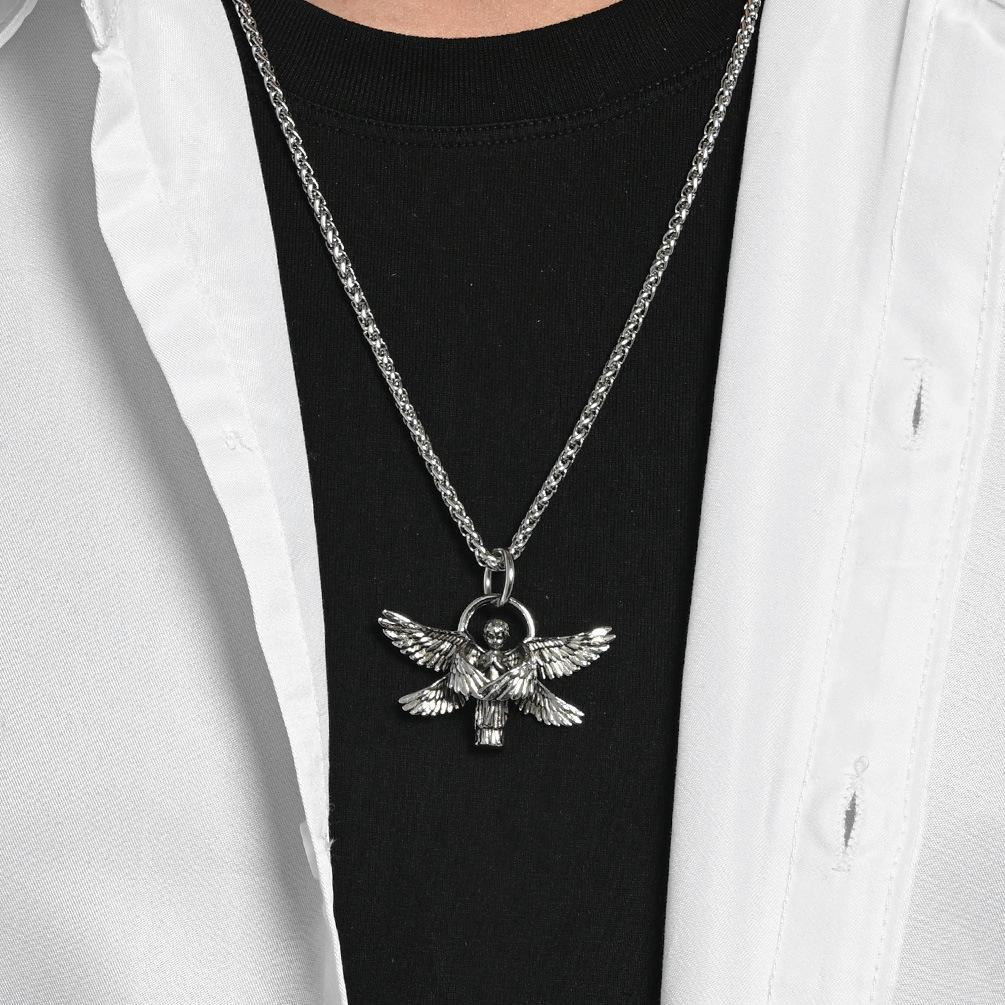 2026 Literary and Retro Seraph Titanium Steel Necklace Prayer Guardian Angel Body Pendant