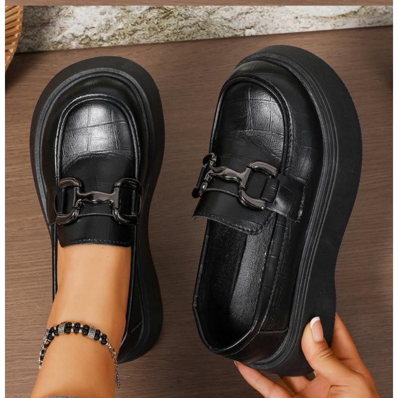 Mode Frühling Metallschnalle Plateau Slipper Damen Leder Slip On Flats Schuhe Frau College Stil Dicke Sohle JK Kleiderschuhe Crawler