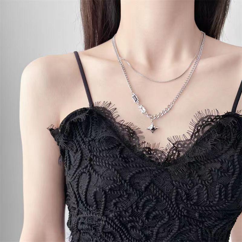 Punk Irregular Zircon Cross Star Necklace for Women Star Crystal Imitated Pearl Choker Necklace Cool Layered Pendant Collar