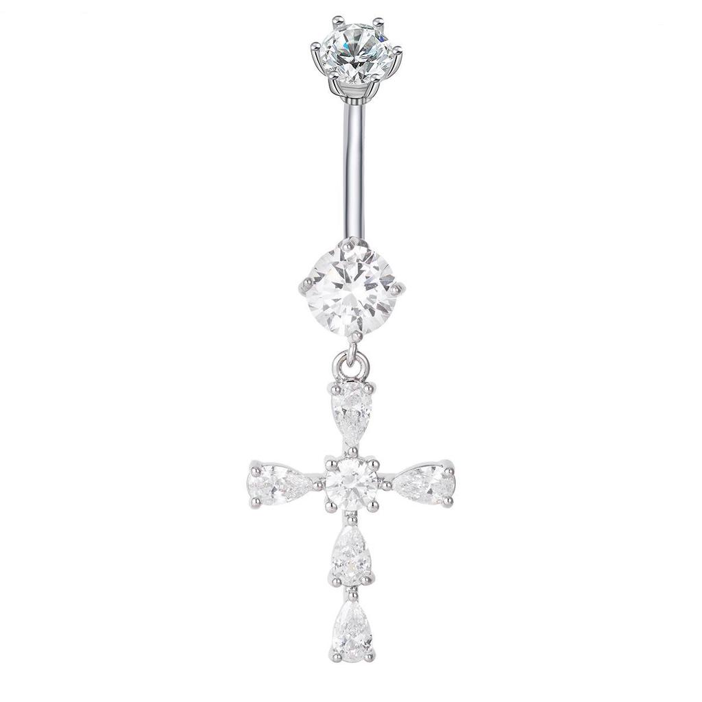 Ding Pei Zirconia Cross Navel Ring: New Style, Super Sparkle, Water Drop Design