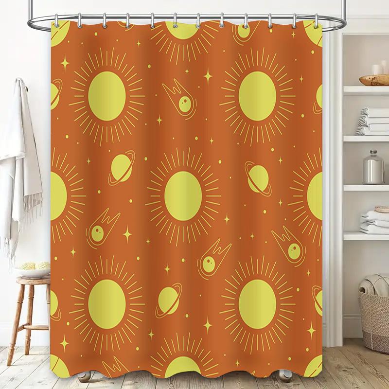 Space-themed Sun Shower Curtain Orange Planet with Yellow Solar System Design for Bathroom Decor (180x245cm)