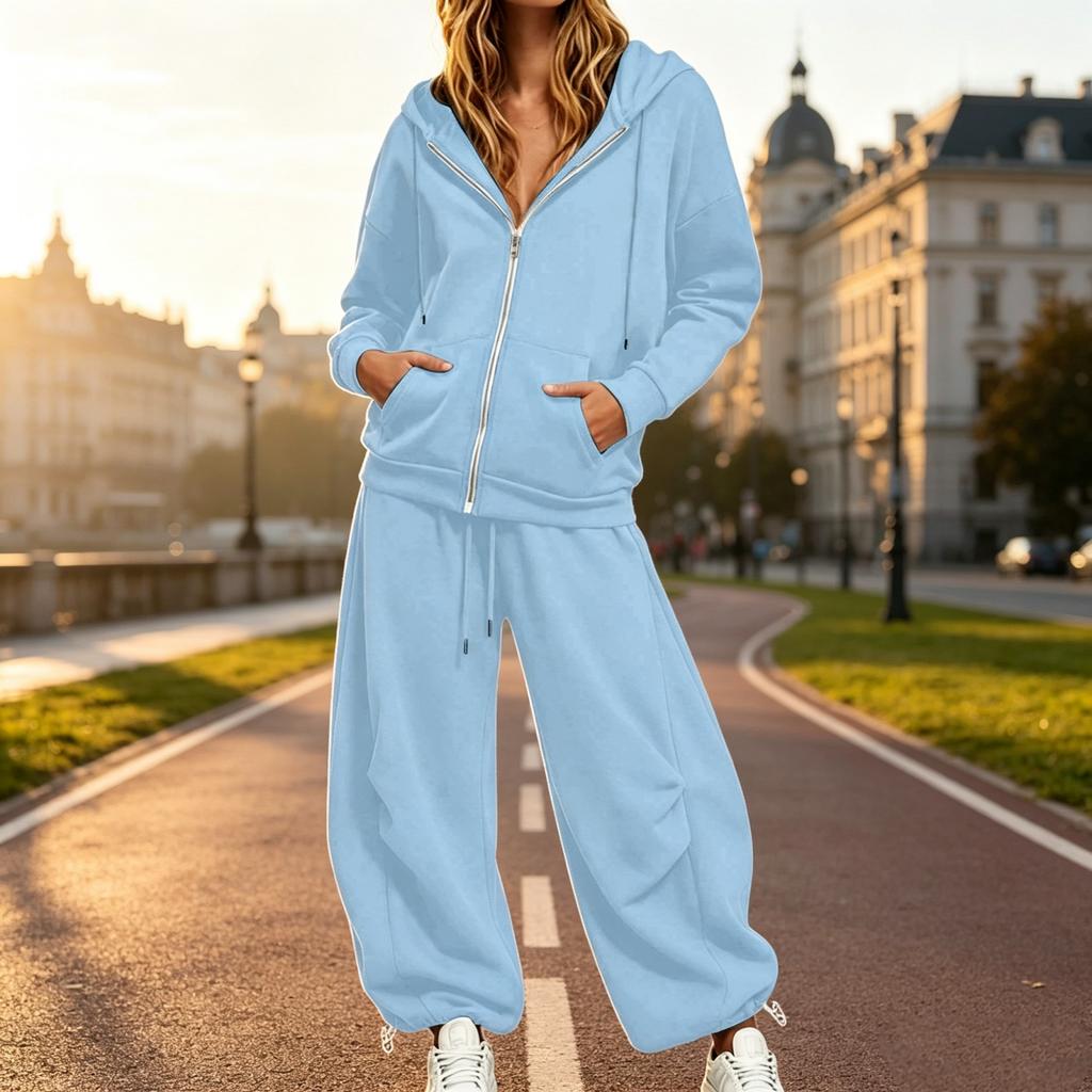 Completo da Donna a 2 Pezzi con Felpa con Zip e Pantaloni Larghi, Tuta Casual Larga per l'Autunno