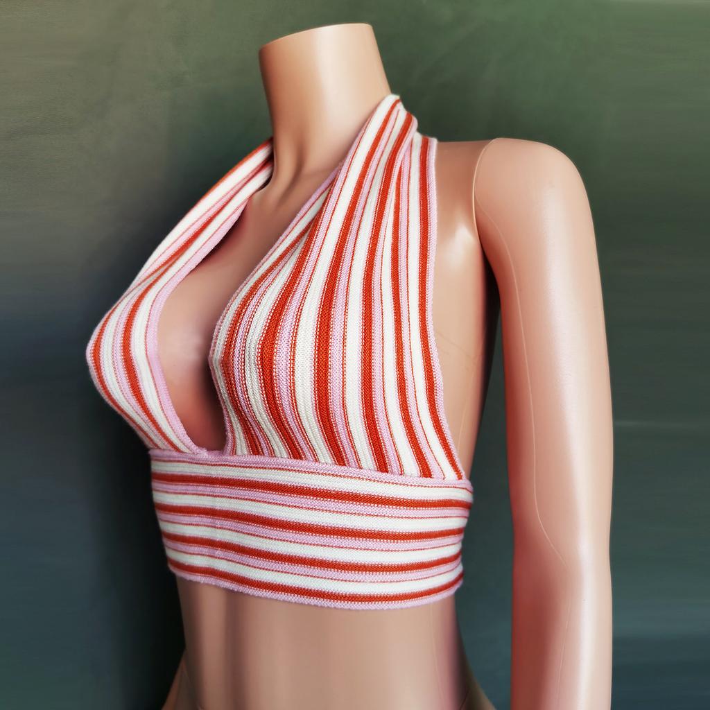 Women's Summer Striped Deep V Backless Strappy Top