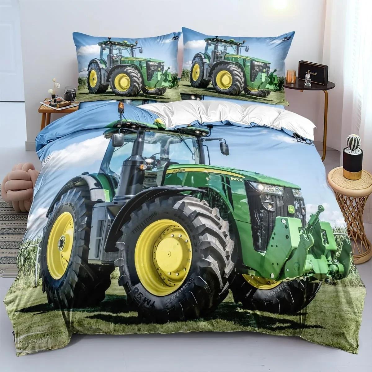 Housse de couette et taie d'oreiller Tracteur Vert 3D, Ensemble de literie doux double, Décoration de chambre à coucher, Cadeau pour garçons et filles 135x200cm