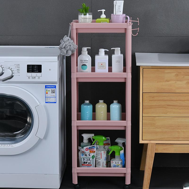 

4 Layer Plastic Floor Standing Storage Rack Movable Pulley Storage Shelf for Bathroom Kitchen Pink