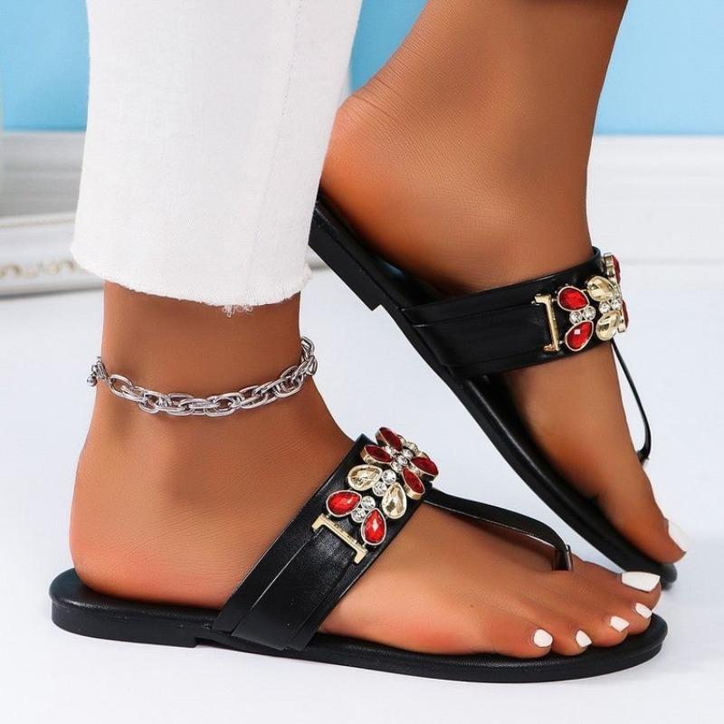 Rhinestone toe flat flip-flops outer wear sandals niche design sense summer sandals casual drag women's shoes