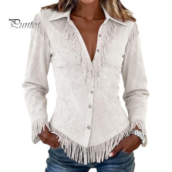 Women Tassel Shirt for Autumn, Button Down Slim Fit Fringe Long Sleeve Top Blouse, Solid Color Casual Top, Western Cowgirl Outfit Elegant Date