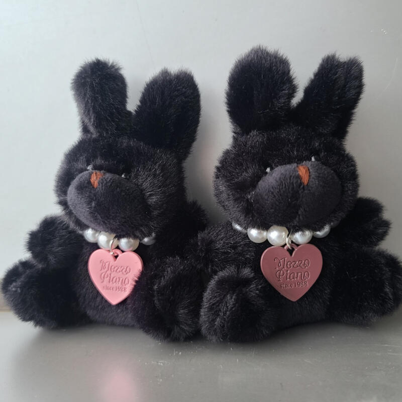 Sparkly and soft black rabbit keychain pink heart