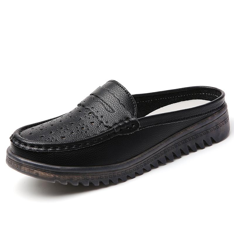 Women Soft Mules Loafers Slip on Casual Elegant Summer Slippers Breathable Leather Sandals Black Moccasin Shoes for Mother
