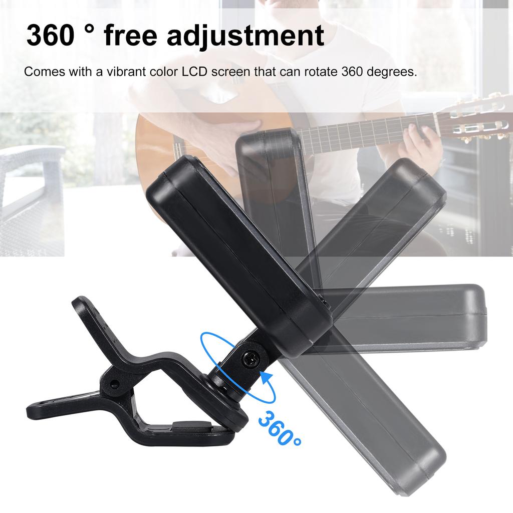 Klips na kytarovou ladičku, Digitální ladička na ukulele, Otočný LCD displej, Ladička dobíjecí přes USB-C,